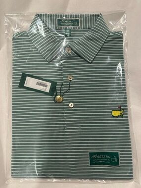 Masters Teal and White Striped Polo with Embroidered Logo